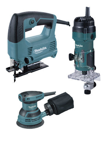 Makita MT power tools set: 450W jigsaw + 530W milling machine + 230W Rotorbital sander PRK00185