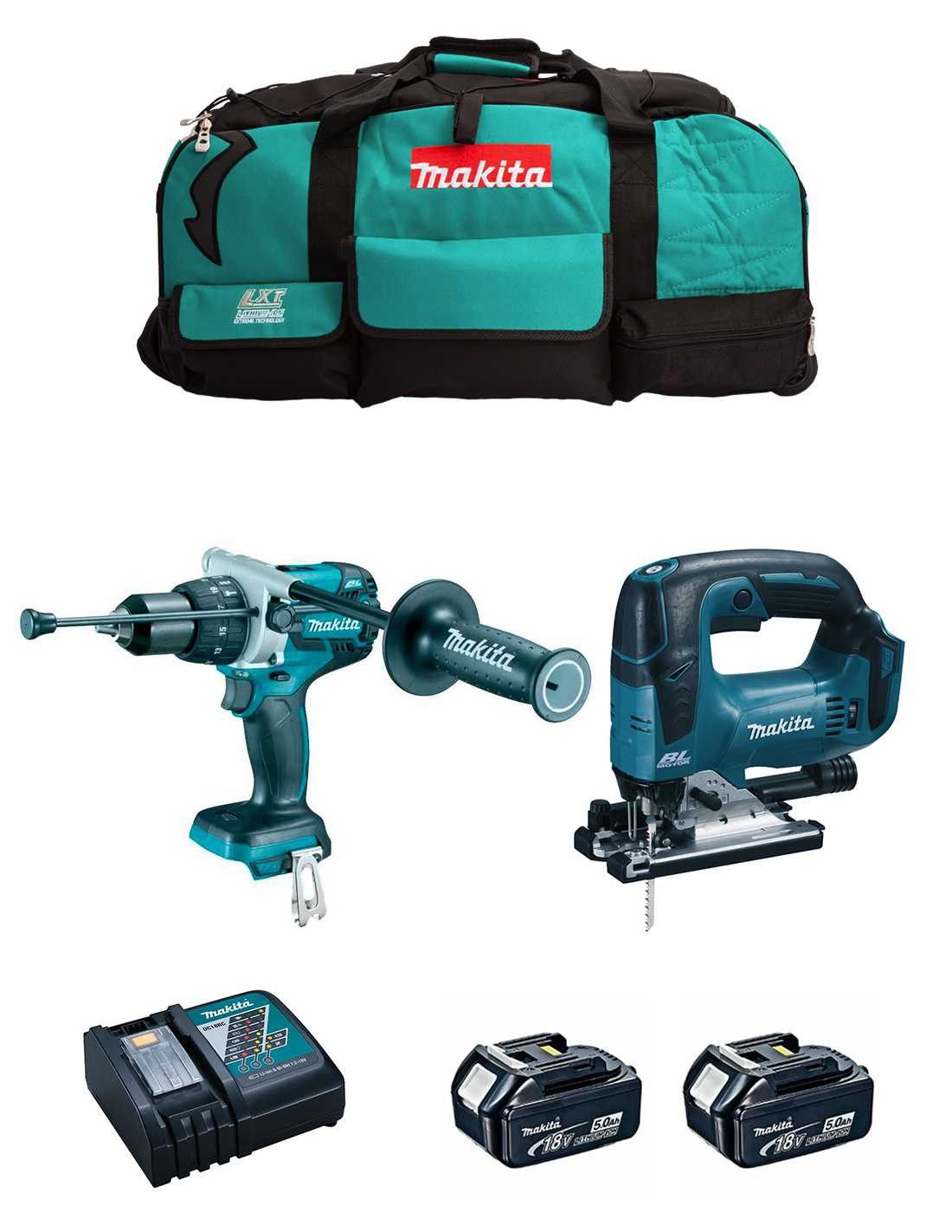 Kit Makita Taladro Percutor DHP486 + Sierra de Calar DJV182 + 2bat 5Ah + cargador + bolsa DLX2481BL2