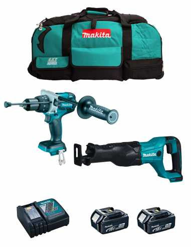 Kit Makita DHP486 hammer drill + DJR186 saber saw + 2bat 5Ah + charger + LXT600 DLX2486BL2 bag