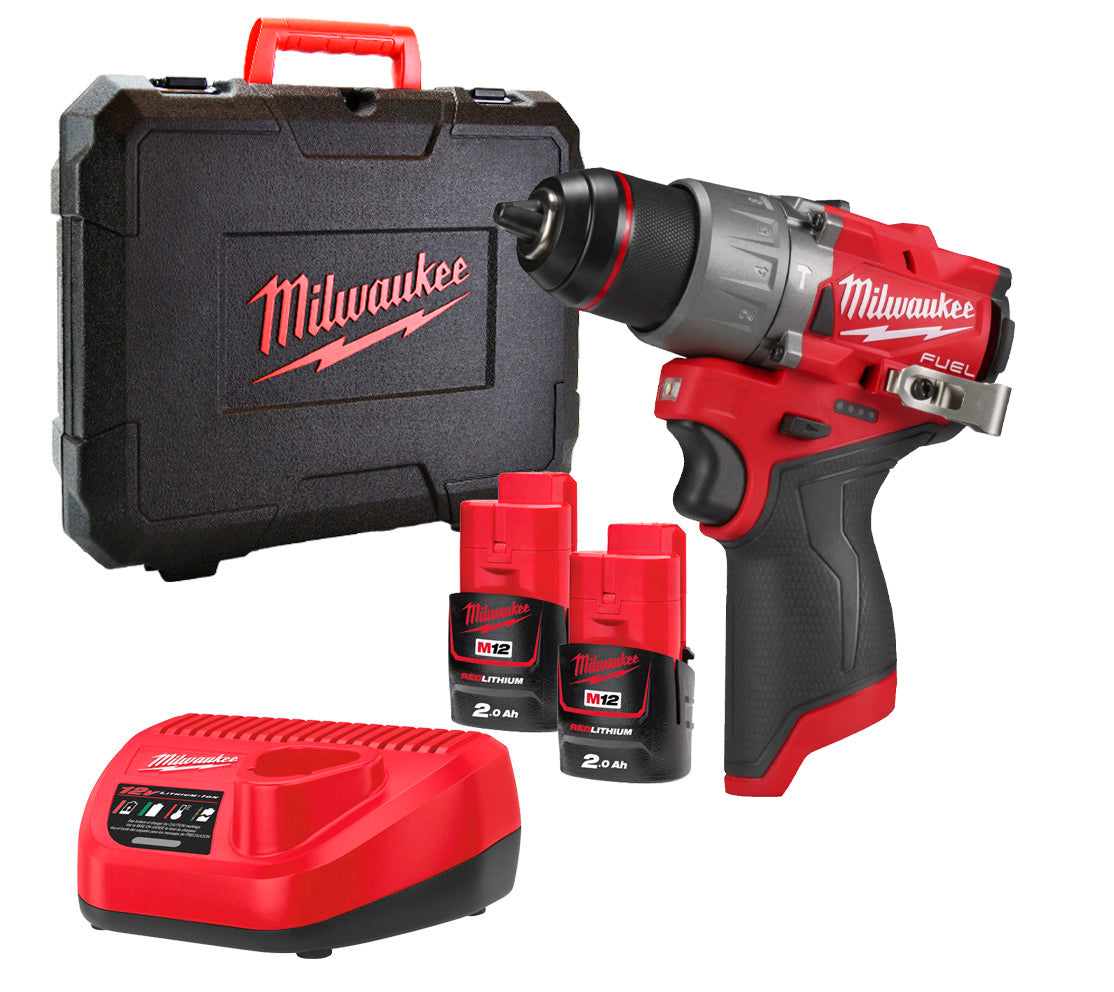 M12 Fuel Hammer Drill + 2-Battery 2Ah + Charger + Milwaukee M12 FPD2-202X Case
