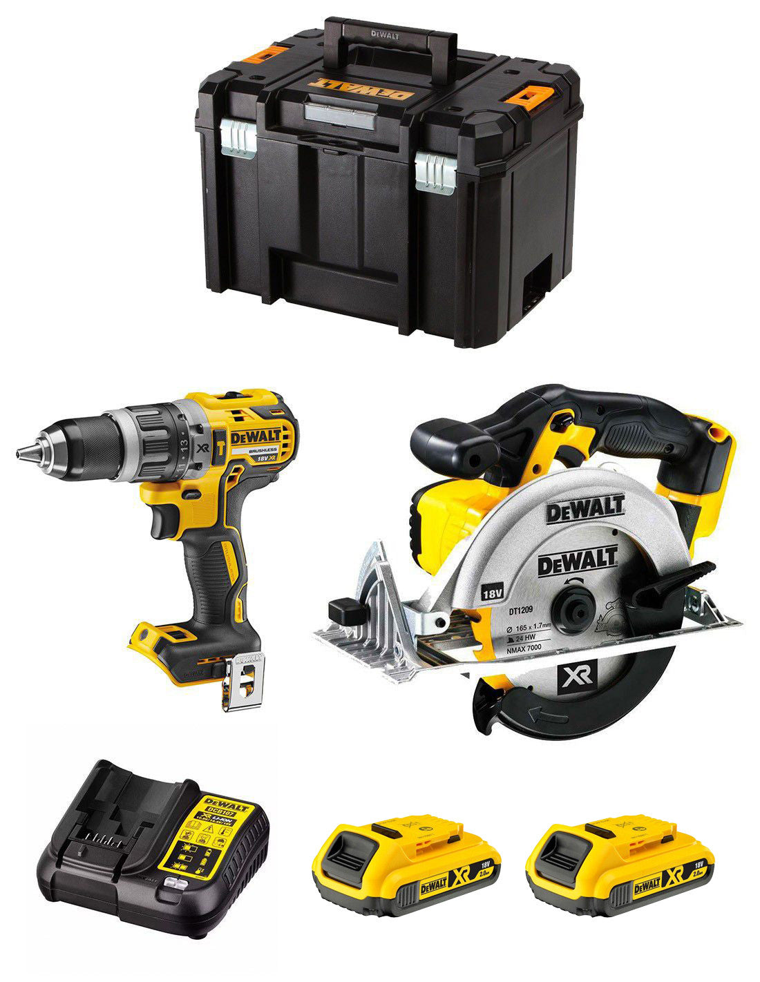 Dewalt Kit with DCD796 Hammer Drill + DCS391 Circular Saw + 2bat 2Ah + DCB107 + TSTAK VI DCK291D2