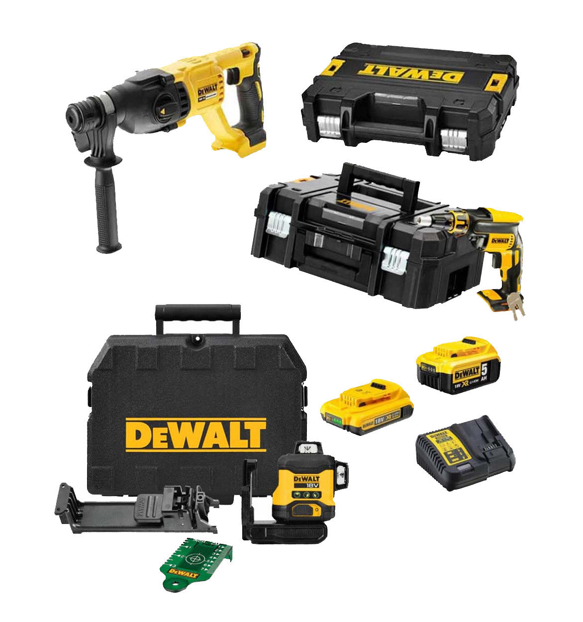 Mega Gypsum Panel Combo: DCF620 Screwdriver + DCH133 Hammer + DCLE34031N Level + 2 18V Dewalt Batteries