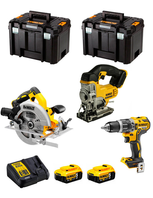 Kit Dewalt Taladro Percutor DCD796 + Sierra de Calar DCS334 + Sierra Circular DCS572 + 2bat 5Ah + Cargador + 2xTSTAK VI DCK370P2