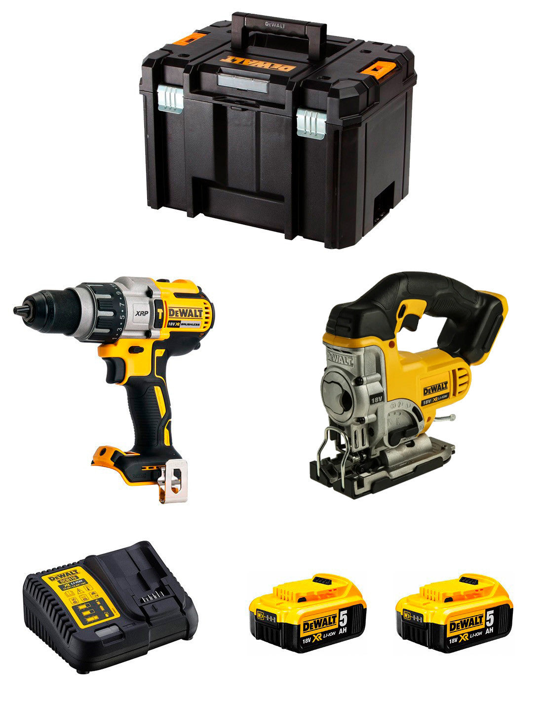 Kit Dewalt Taladro Percutor DCD996 + Sierra de calar DCS331 + 2bat 5Ah + Cargador + TSTAK VI DCK234P2