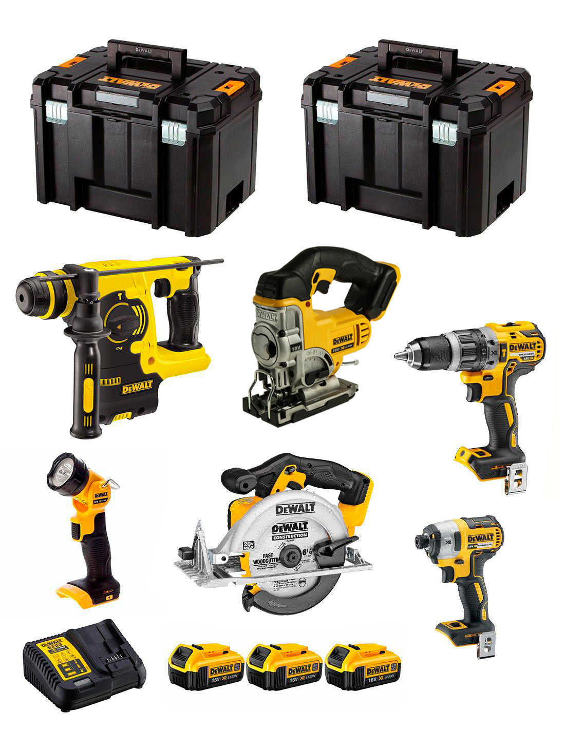 Dewalt kit with 6 tools + 3bat 5Ah + charger + 2xTSTAK VI DCK653P3