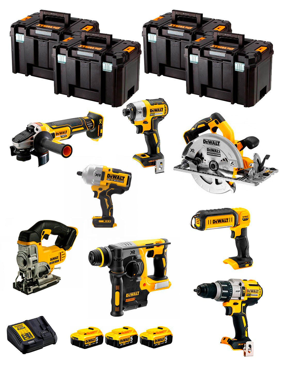 Kit Dewalt 8 herramientas + 3 bat 5ah + Cargador DCB115 + 4xTstak VI Kit DCK834P3