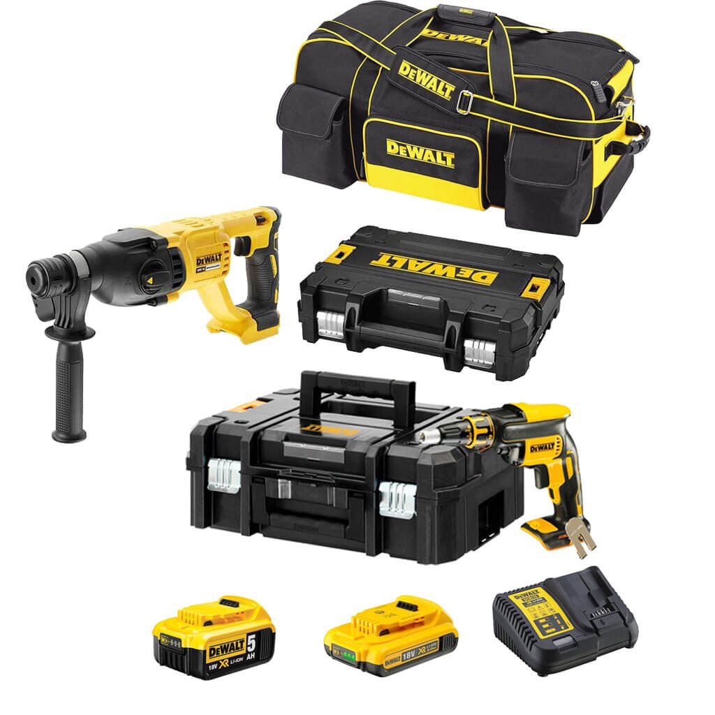 Plasterboard Combo: DCF620 Pladur Screwdriver + Dewalt DCH133 Light Hammer + 2 18V Batteries + Carrying Bag