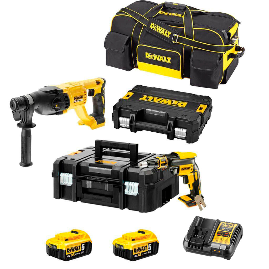 Combo Panel Yeso: Atornillador Pladur DCF620+ Martillo Ligero DCH133 Dewalt 2 Baterías 5Ah 18V + Bolsa de transporte