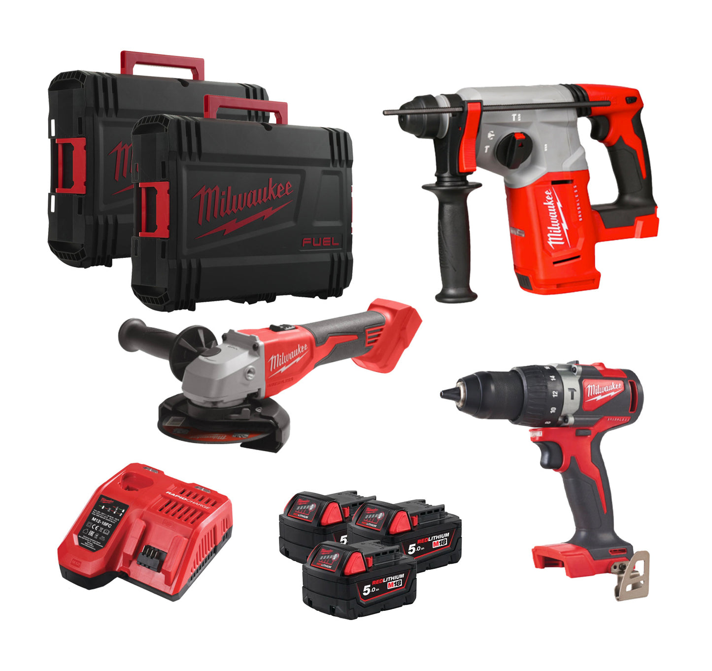 Powerpack 3 herramientas + 3 bat 5Ah + Cargador + Maletines Milwaukee M18 FPP3AG-503X